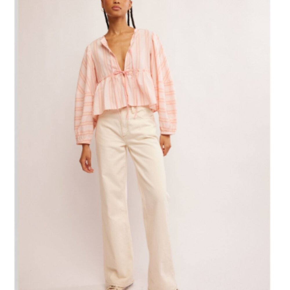 🎉LAST CHANCE🎉 FREE PEOPLE Brunch Babe Blouse / Pink & Yellow Combo - Picture 7 of 8